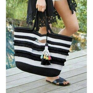 Stella & Dot Black & White Striped Tote Bag With Tassel Detail